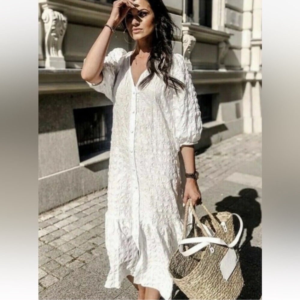 Zara White/Cream Puff Sleeves Textured Midi Dress Size S - Picture 8 of 8